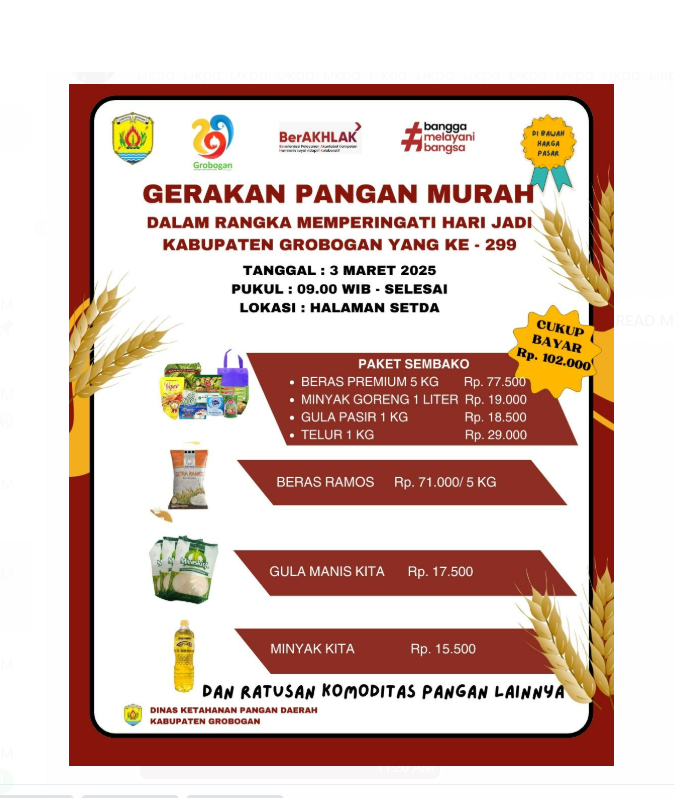 Gerakan Pangan Murah Sambut Hari Jadi ke-299 Kabupaten Grobogan